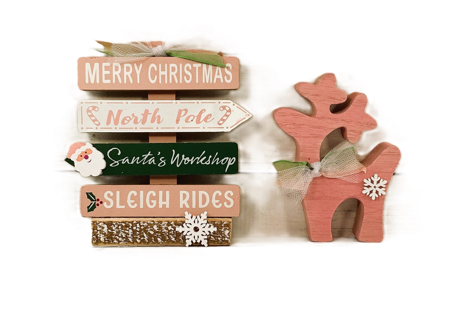 AGD Christmas Decor - Retro Pink Green Reindeer Directional Sign 2pc