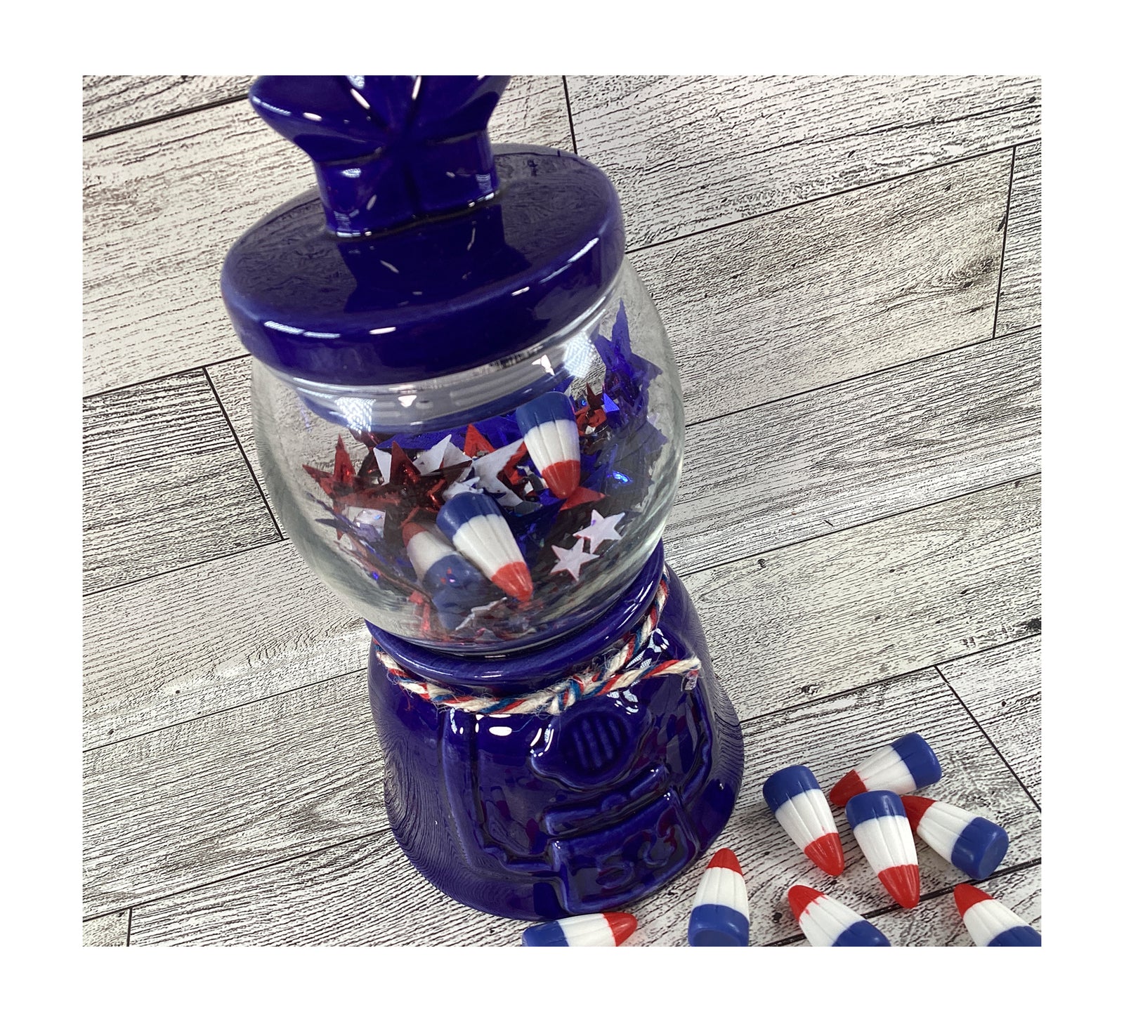 AGD Patriotic Decor - Small Ceramic Blue Gumball Jar Resin Fake Candy Corn