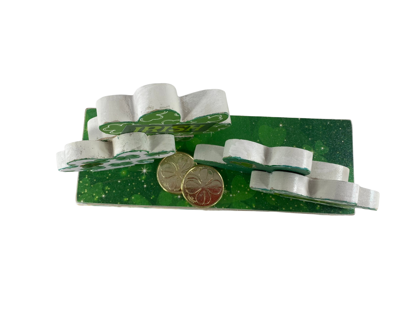 AGD St Patricks Decor - Irish Luck Chunky Wood Shamrock Tabletop Display