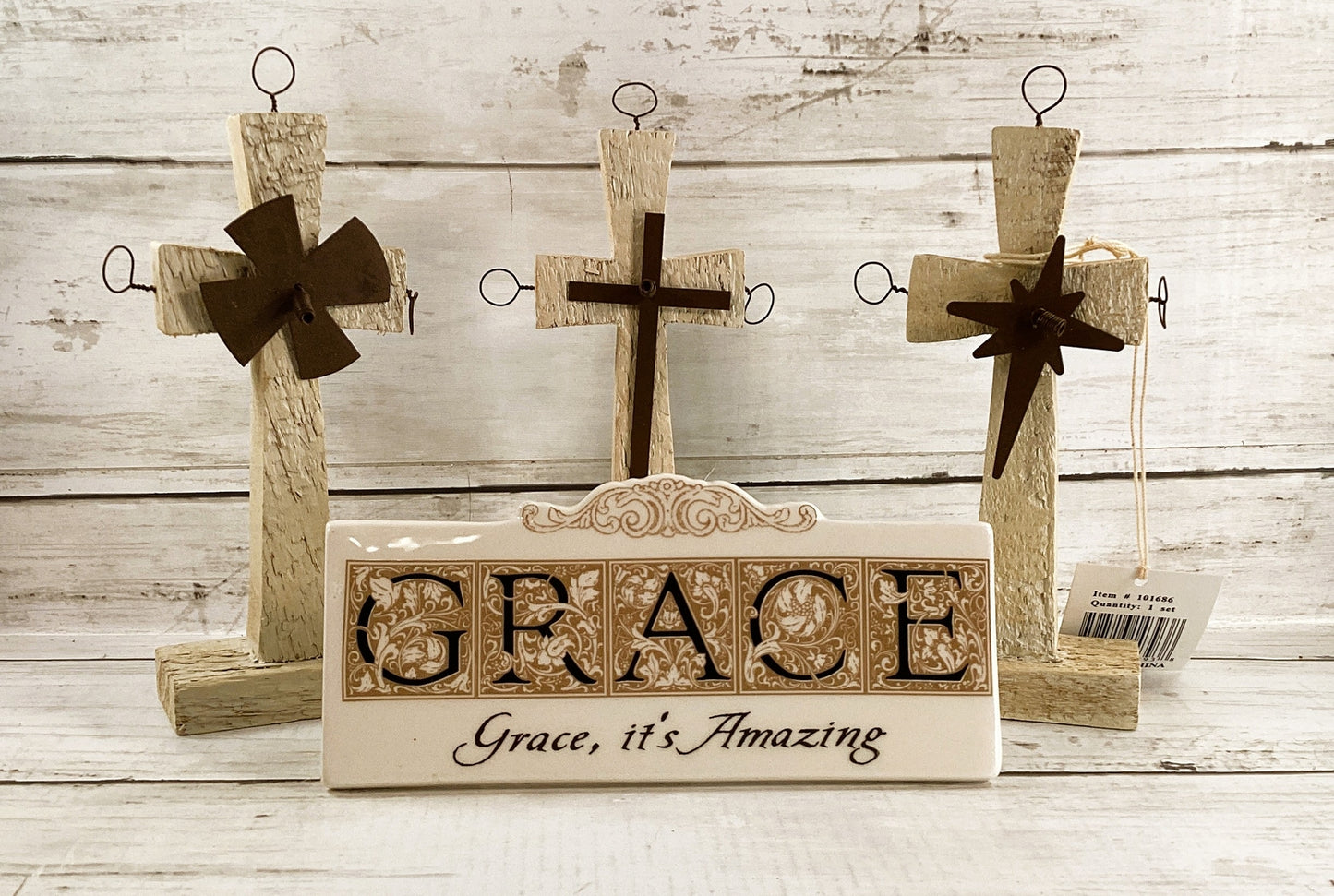 OWI Easter Decor - Grace Amazing Rustic Farmhouse Cross 4pc Set