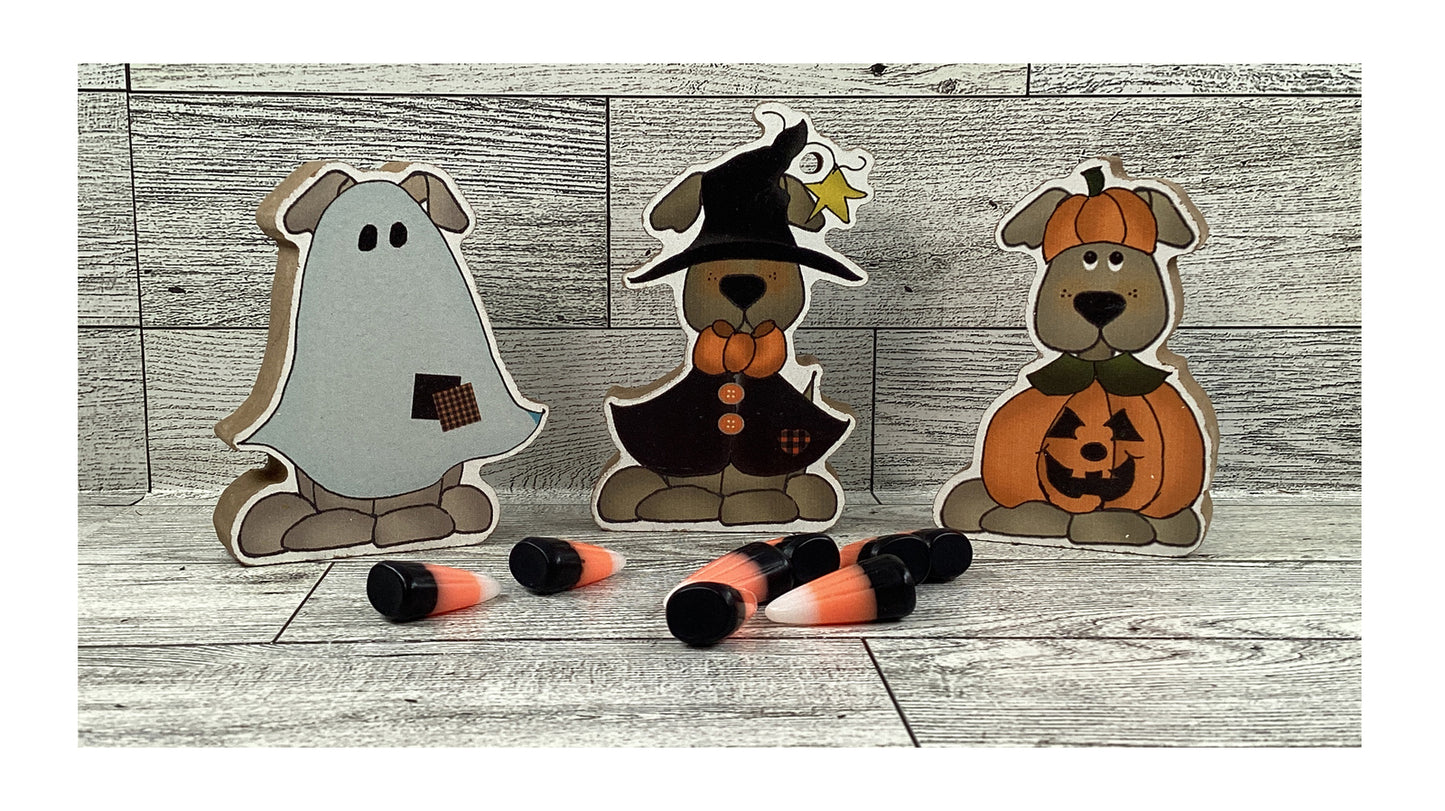 CWI Halloween Decor - Chunky Puppy Dogs in Costume Wood Sitters 3pc Set