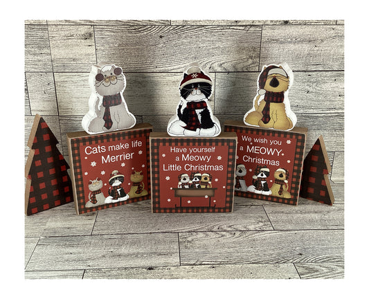 CWI Christmas Decor - Tier Tray Buffalo Check Cat Chunky Sitters 8pc