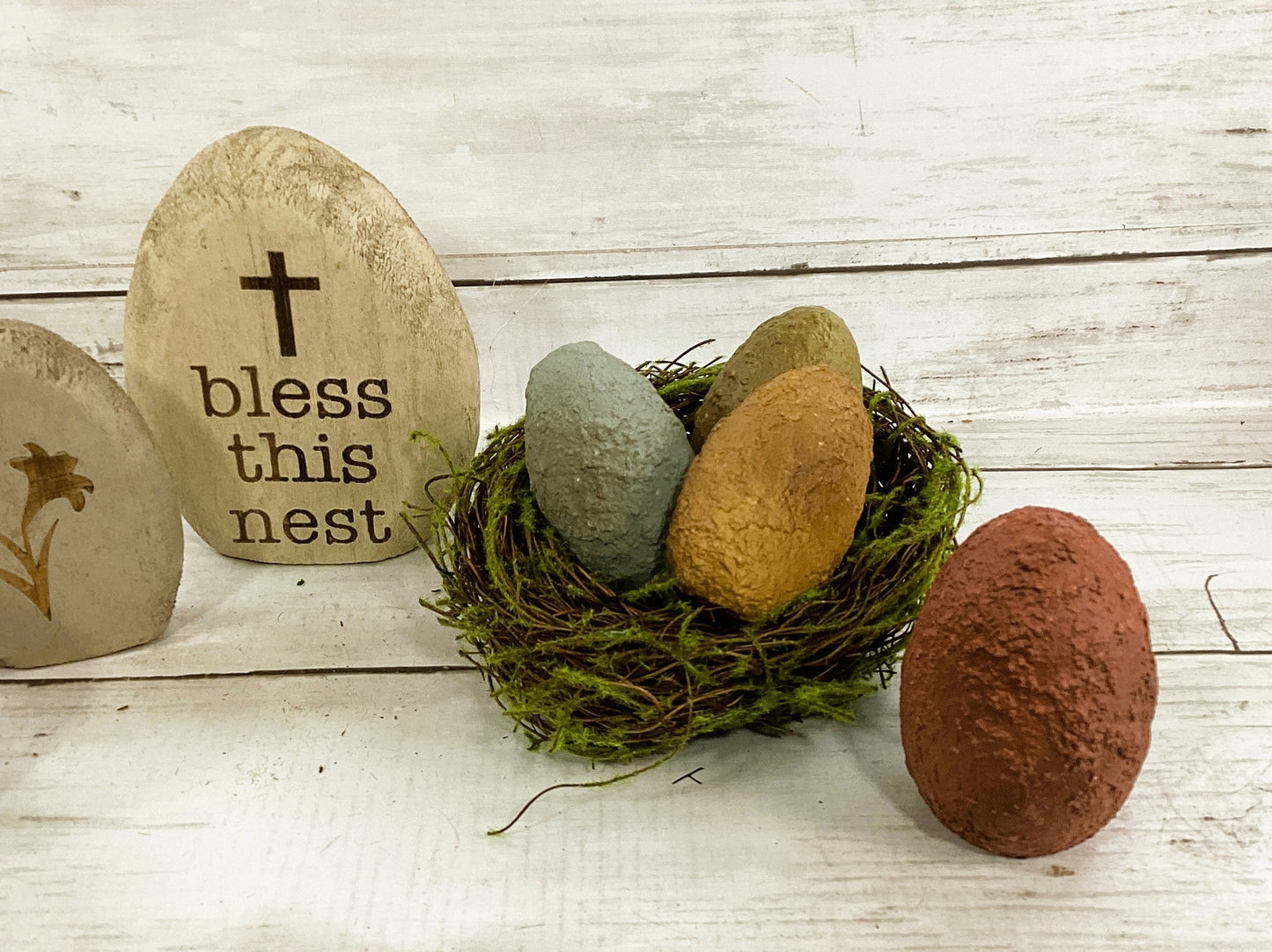 CWI Spring Decor - Bless This Mess Wood Eggs & Nest 8pc Set