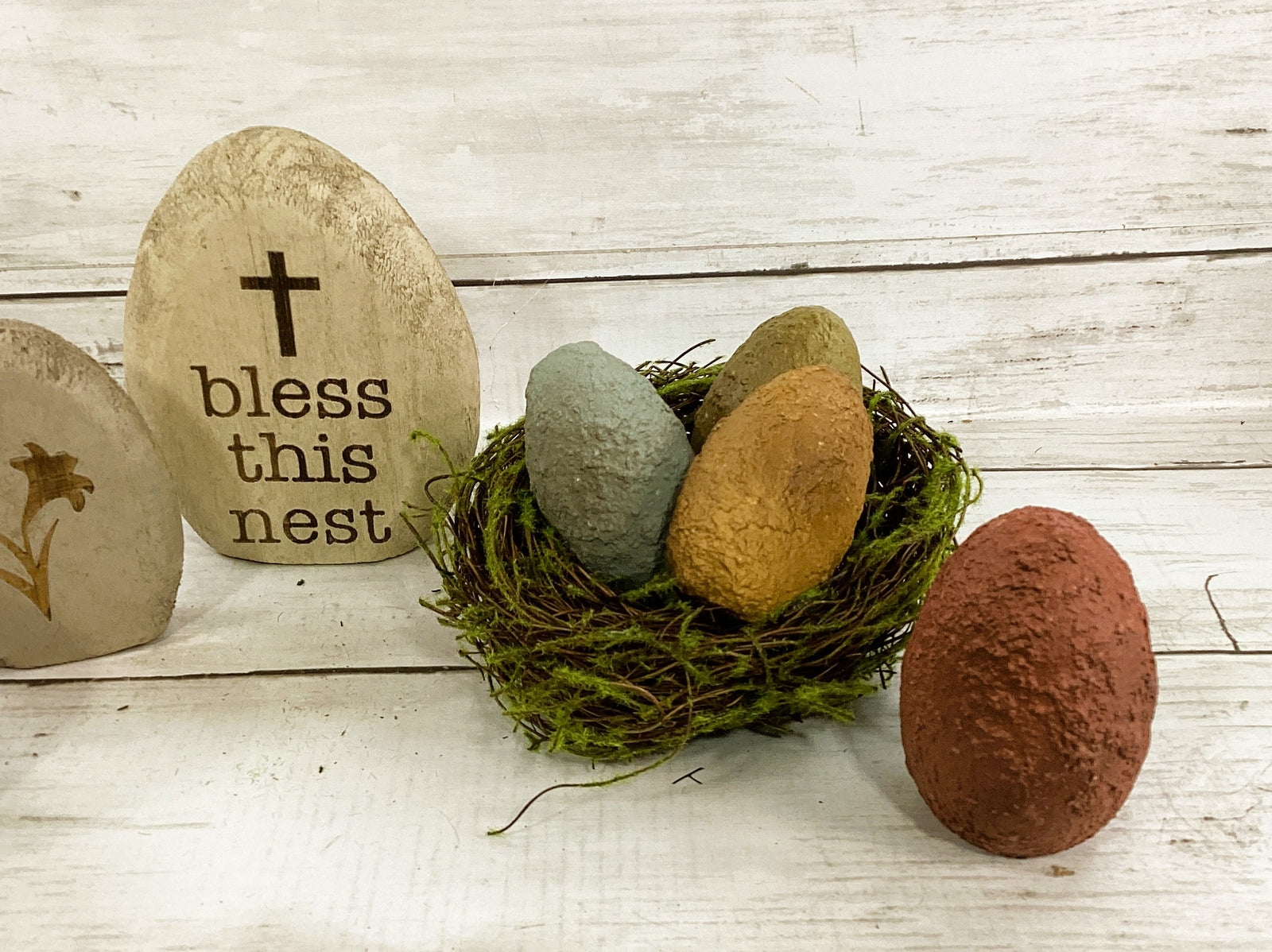 CWI Spring Decor - Bless This Mess Wood Eggs & Nest 8pc Set