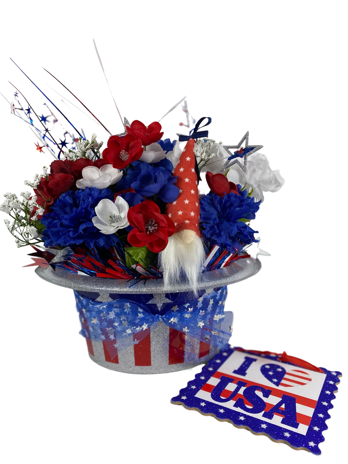AGD Patriotic Decor  - Love the USA July 4th Gnome Floral Hat Centerpiece