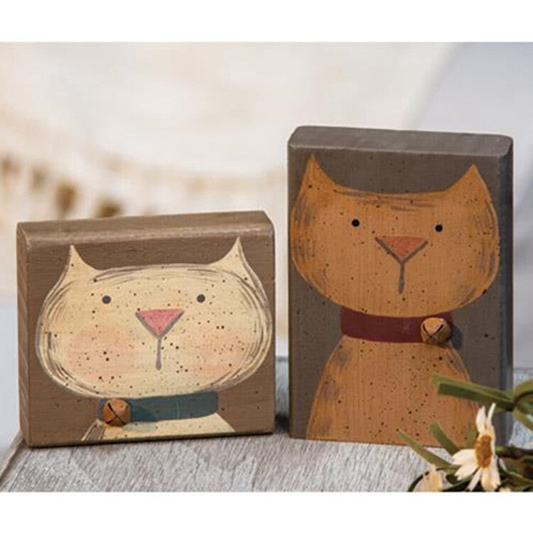 CWI Home Decor - Prim Wood Bell Cat Block Signs 2pc Set