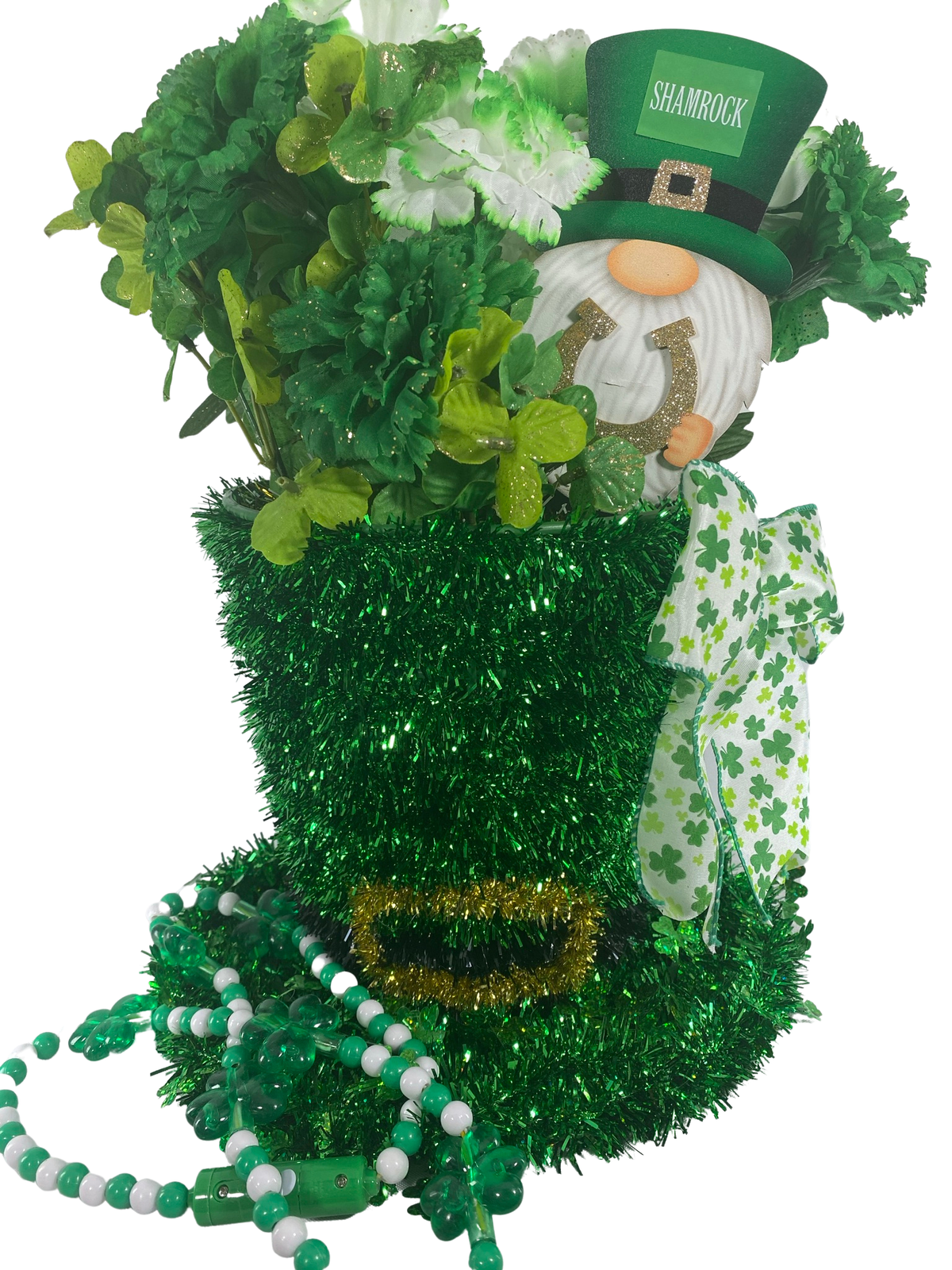 AGD St Patrick's Decor - Large Green Lighted Tinsel Tophat Centerpiece
