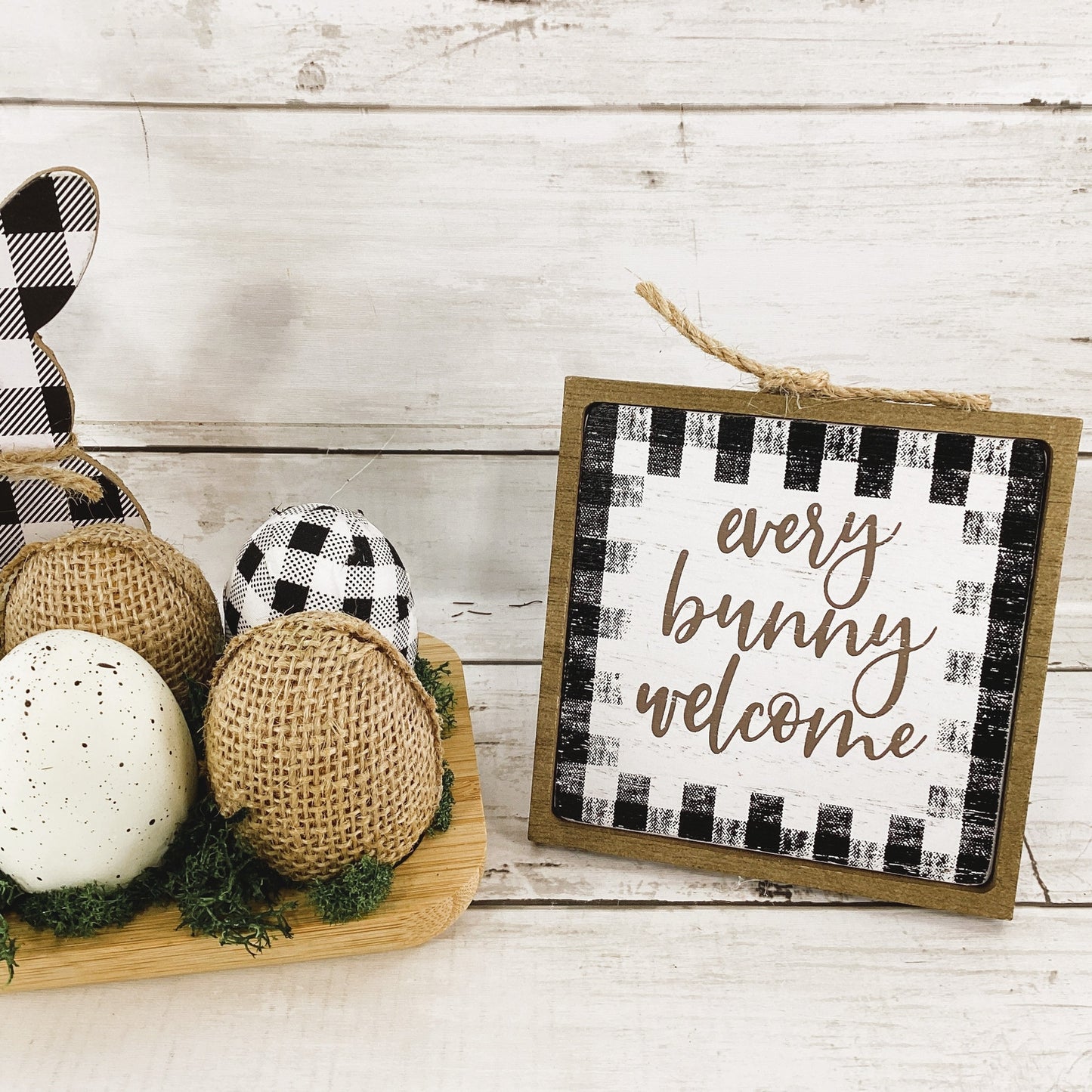 AGD Easter Decor - Bunny Welcome Eggs Black White Buffalo Plaid 2pc Set