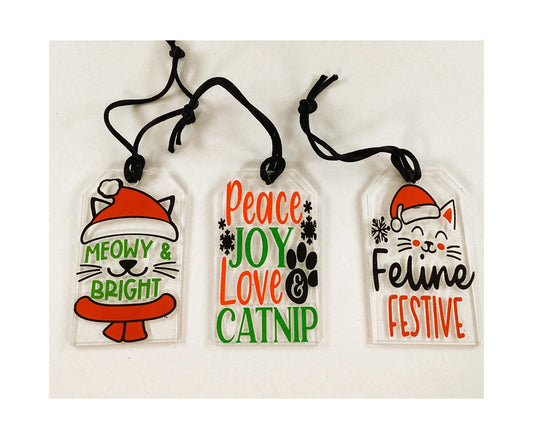AGD Christmas Decor - Funny Cute Cat Clear Acrylic Ornament Tags 3pc