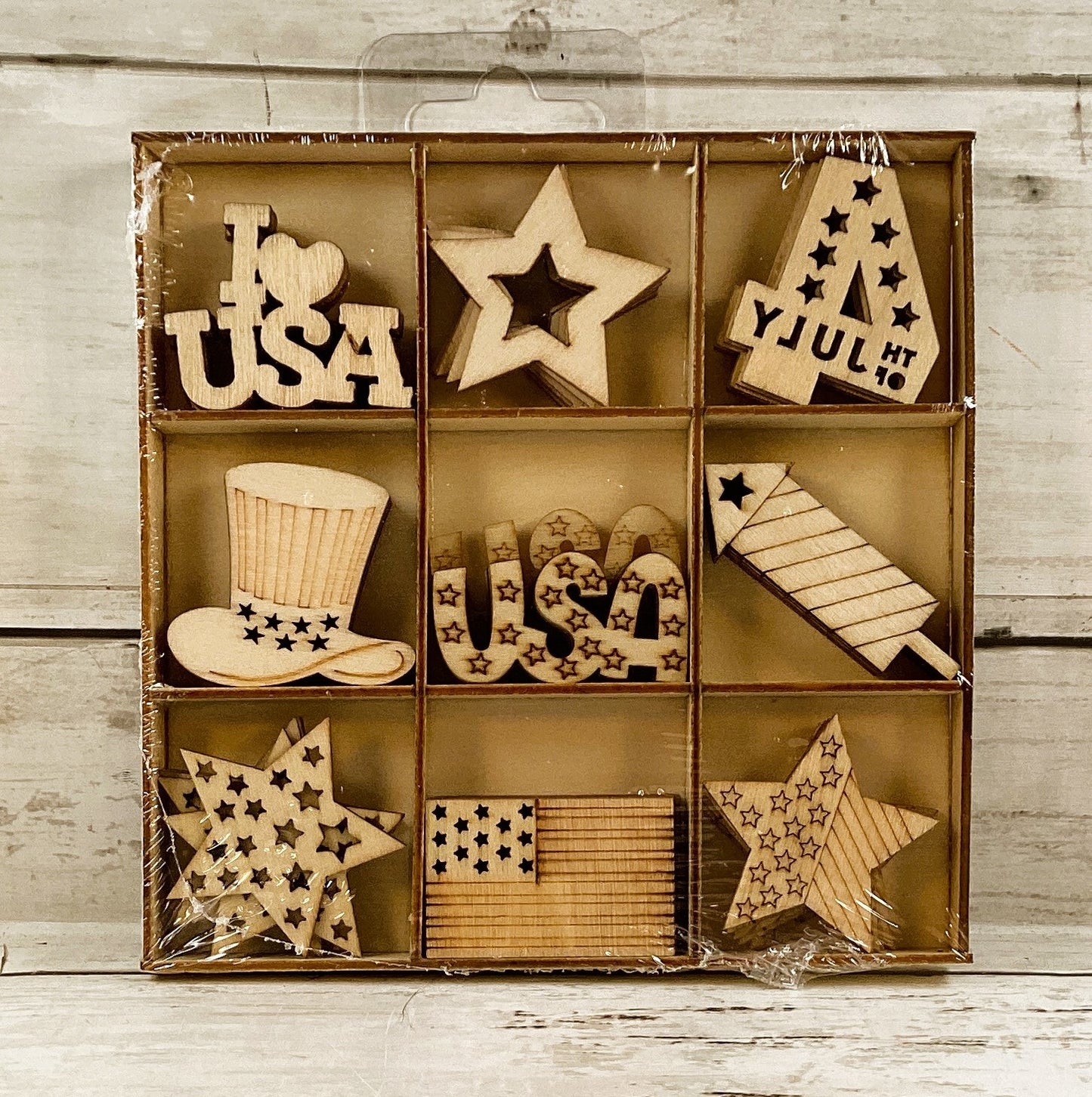 HL Patriotic Craft Supply - Small Unfinished Wood JUly 4th Icons 54pc