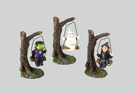 Youngs Halloween Decor - Fairy Garden Witch Ghost Frankenstein Swing 3pc.