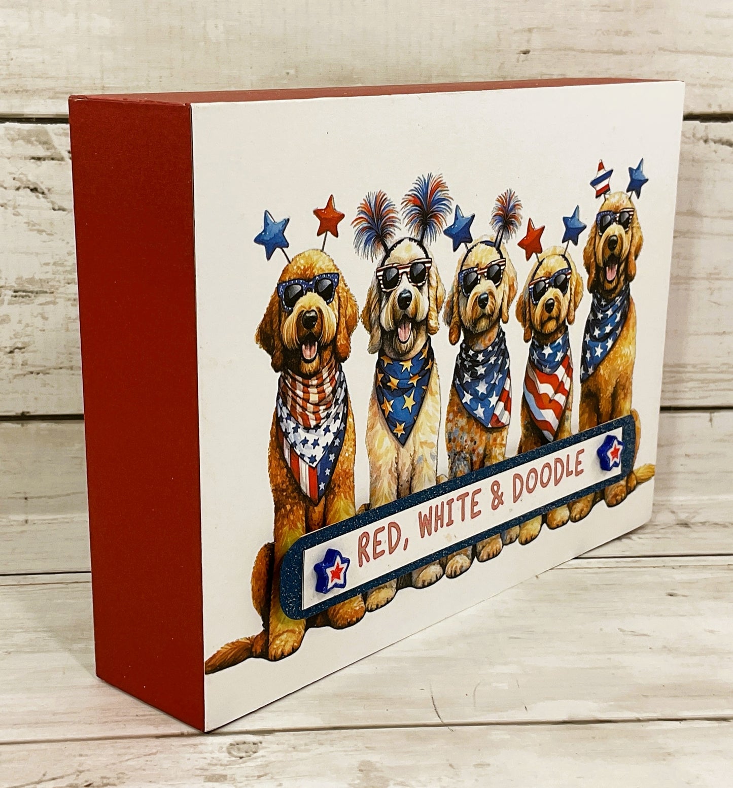 AGD Patriotic Decor - Red White Doodle Puppy Dog Pet Box Sign