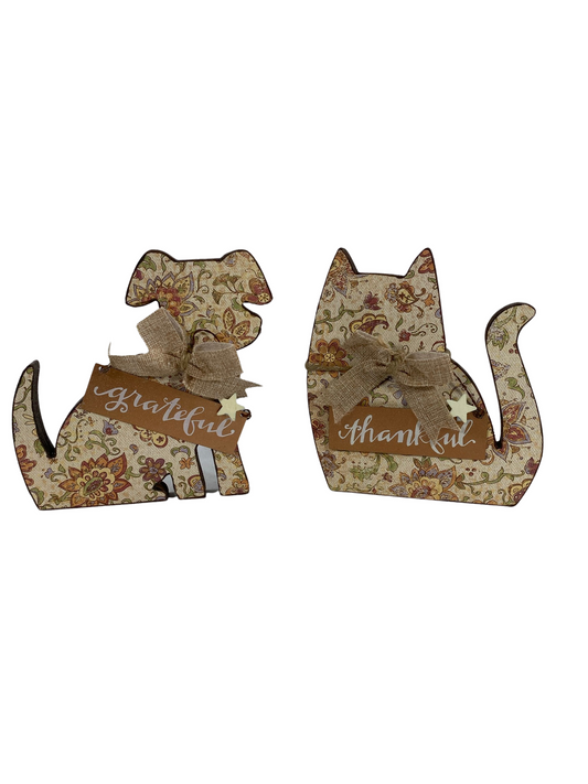 AGD Fall Decor - Thankful & Grateful Wood Cat Dog 2pc Set