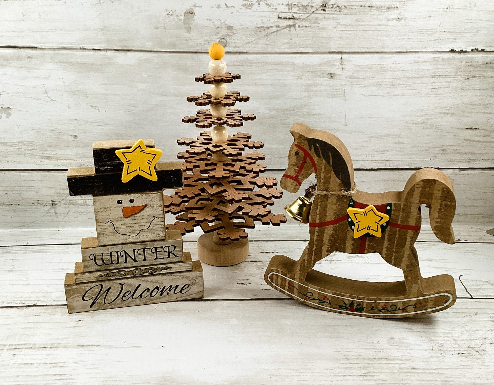 AGD Christmas Decor -  Rocking Horse Snowman Tree Tier Tray 3pc Set