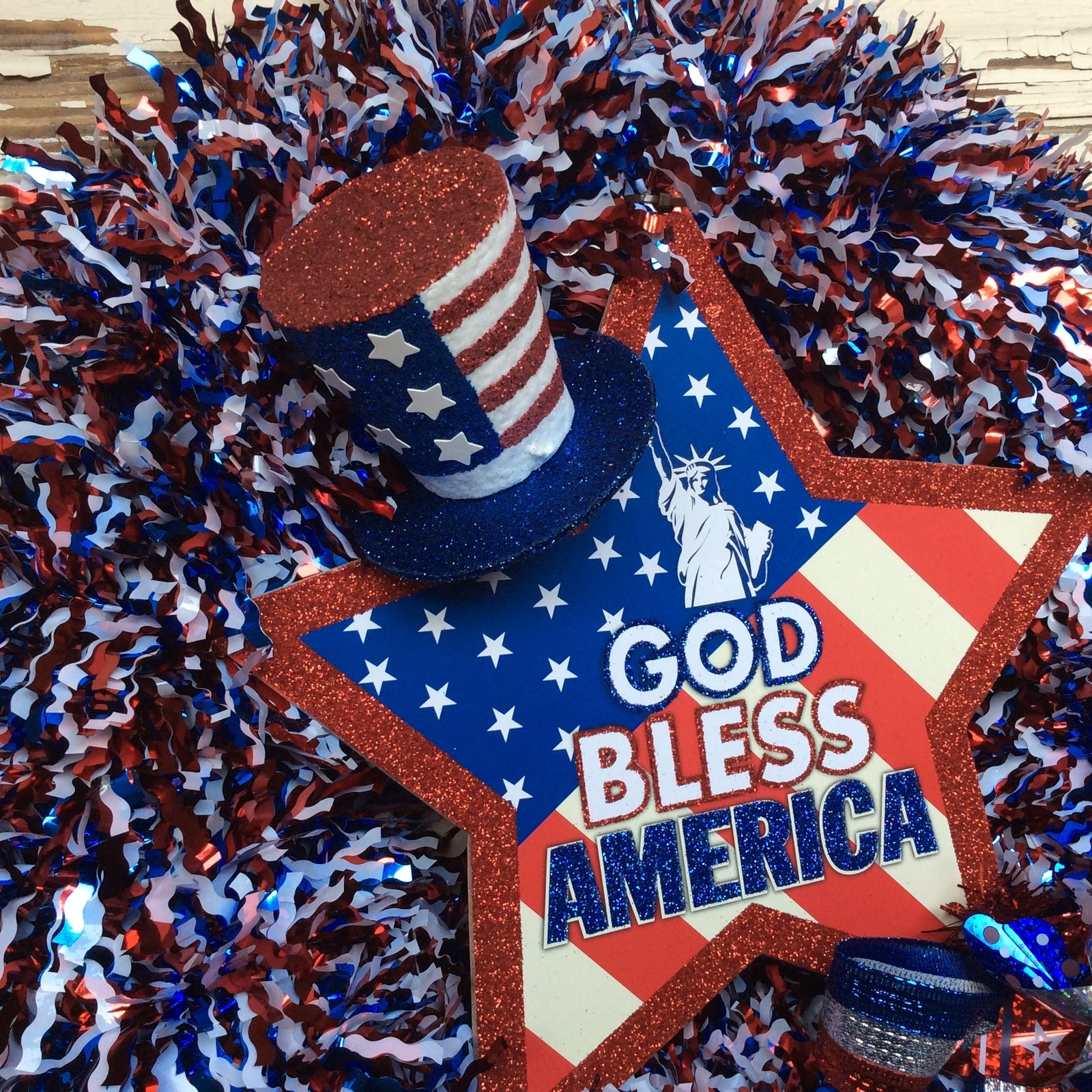AGD Patriotic Decor - God Bless America Tinsel Wreath
