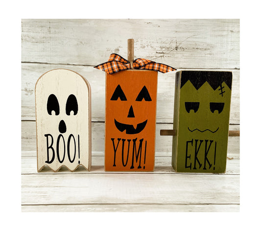 AGD Halloween Decor - Chunky Wood Ghost Monster Pumpkin Friends 3pc