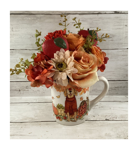 AGD Fall Decor - Coffee Cup Puppy Dog Harvest Floral Flower Display