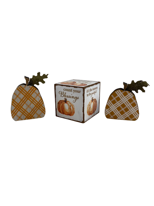 AGD Fall Decor - Small Wood Cube Block and Pumpkins Tier Tray Decor 3pc