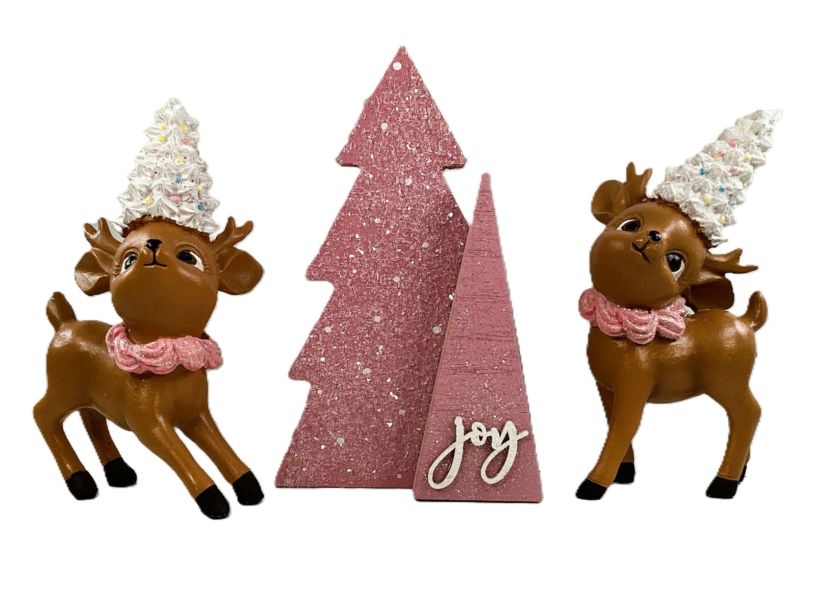 AGD Christmas Decor - Pink Joy Tree Frosting Reindeer Figurines 3pc