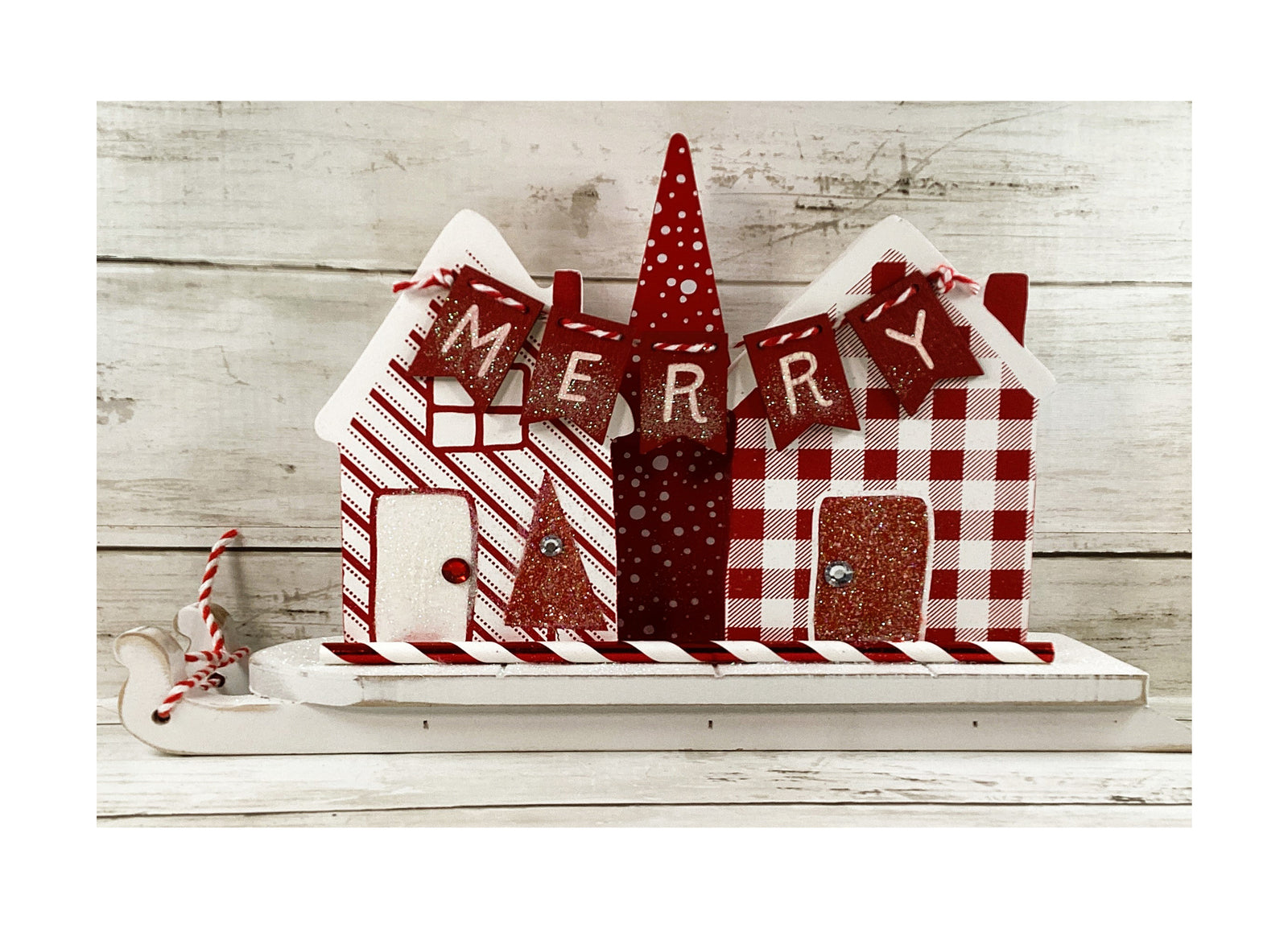 AGD Christmas Decor - Red White Peppermint House Tree Merry Sled