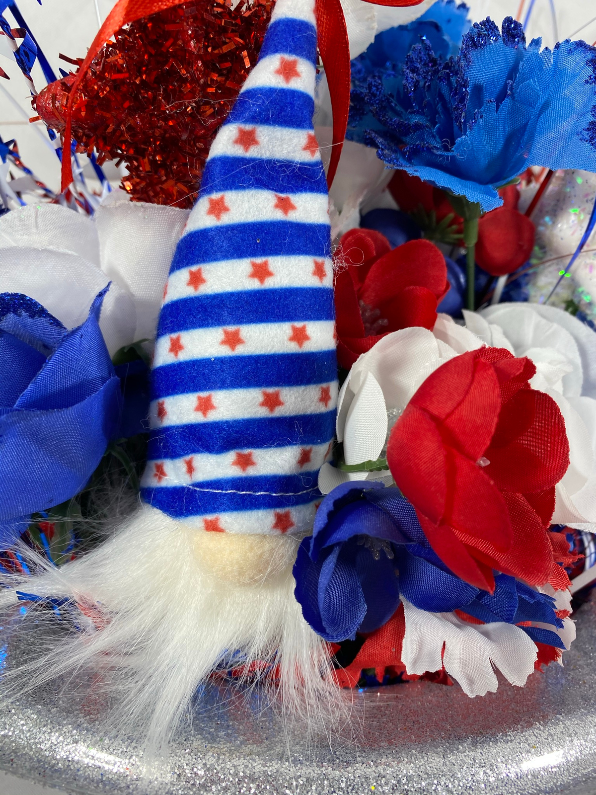 AGD Patriotic Decor  - Love the USA July 4th Gnome Floral Hat Centerpiece
