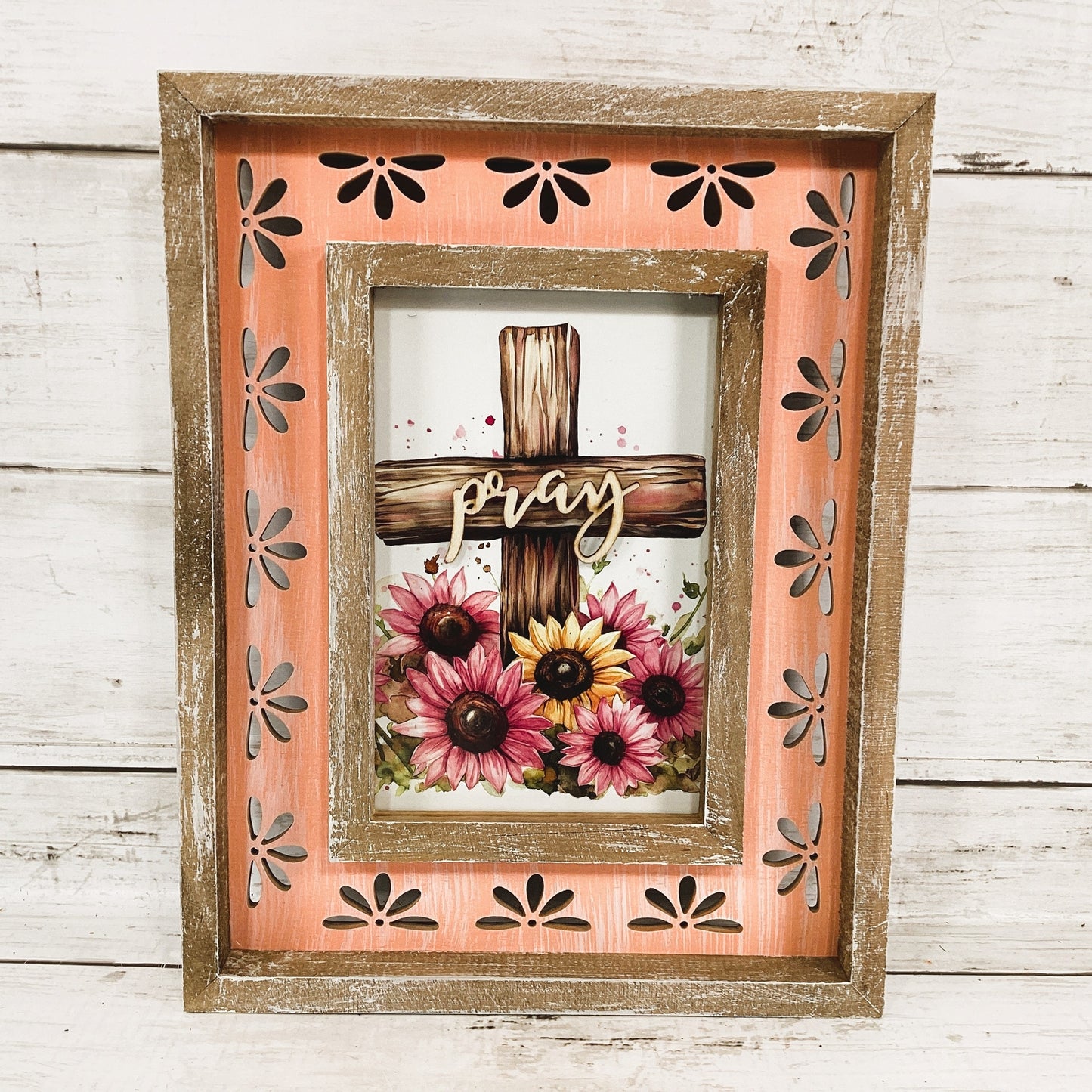 AGD Home Decor - Pray Cross Pink Sunflower Wood Tabletop Sign