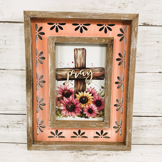 AGD Home Decor - Pray Cross Pink Sunflower Wood Tabletop Sign