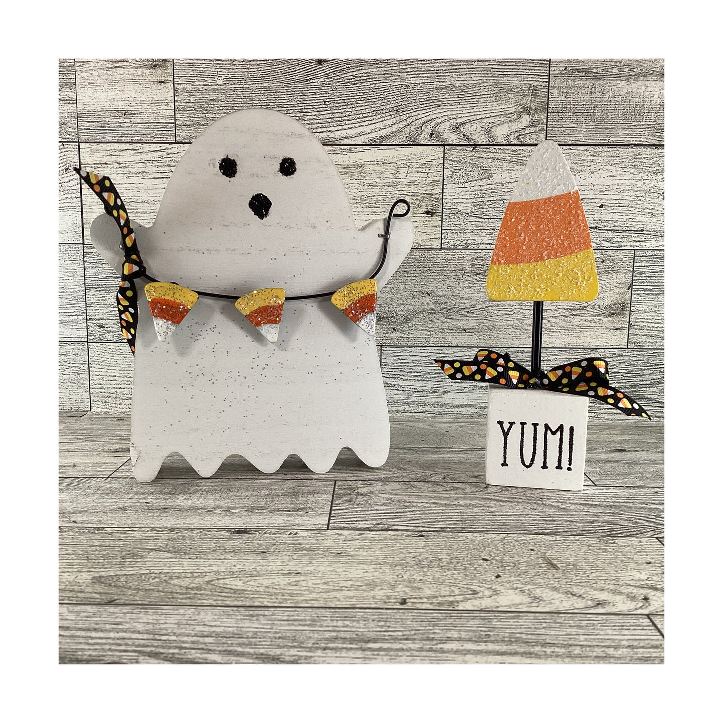 AGD Halloween Decor - Candy Corn Chunky YUM Ghost 2pc Set