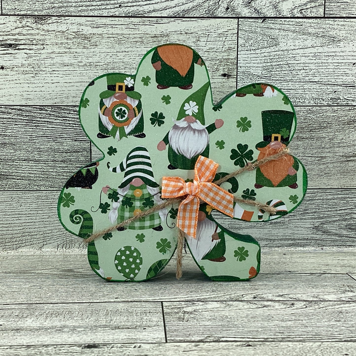 AGD Saint Patrick Decor - Irish Gnome Chunky Wood Shamrock Sitter