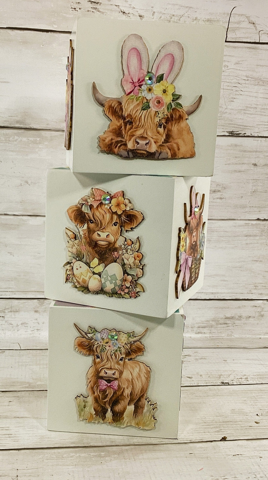 AGD Spring Decor - Floral Flower Highland Cow Chunky Block Signs 3pc