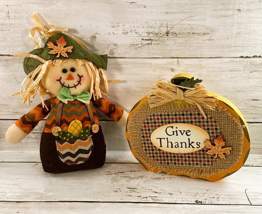 AGD Fall Decor - Cute Scarecrow and Give Thanks Pumpkin 2pc