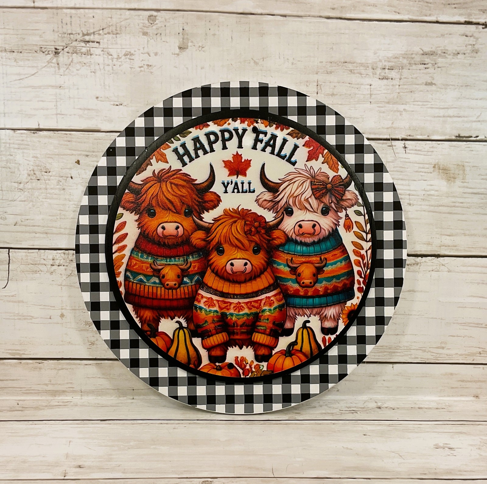 AGD Fall Decor - Happy Fall Highland Cows Door Wall Wreath Sign 10in