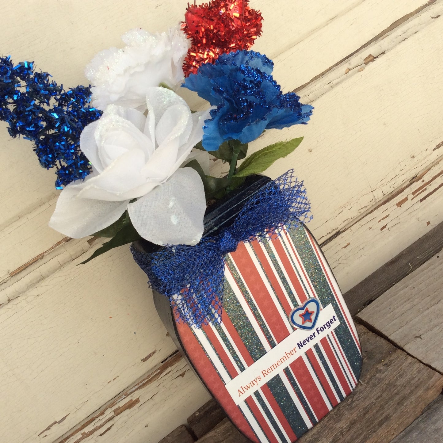 AGD Patriotic Decor - Always Remember 911 Floral Wood Mason Jar Display