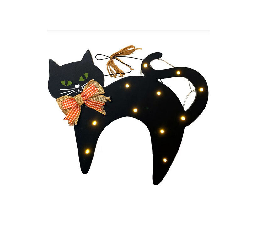 CO Halloween Decor - Fabric and Brown Grapevine Cat Door Wreath