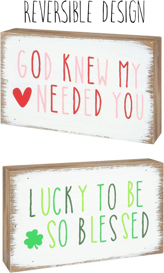 CP Valetines St Patricks Decor - God Knew Blessed Reversible Sm block Sign