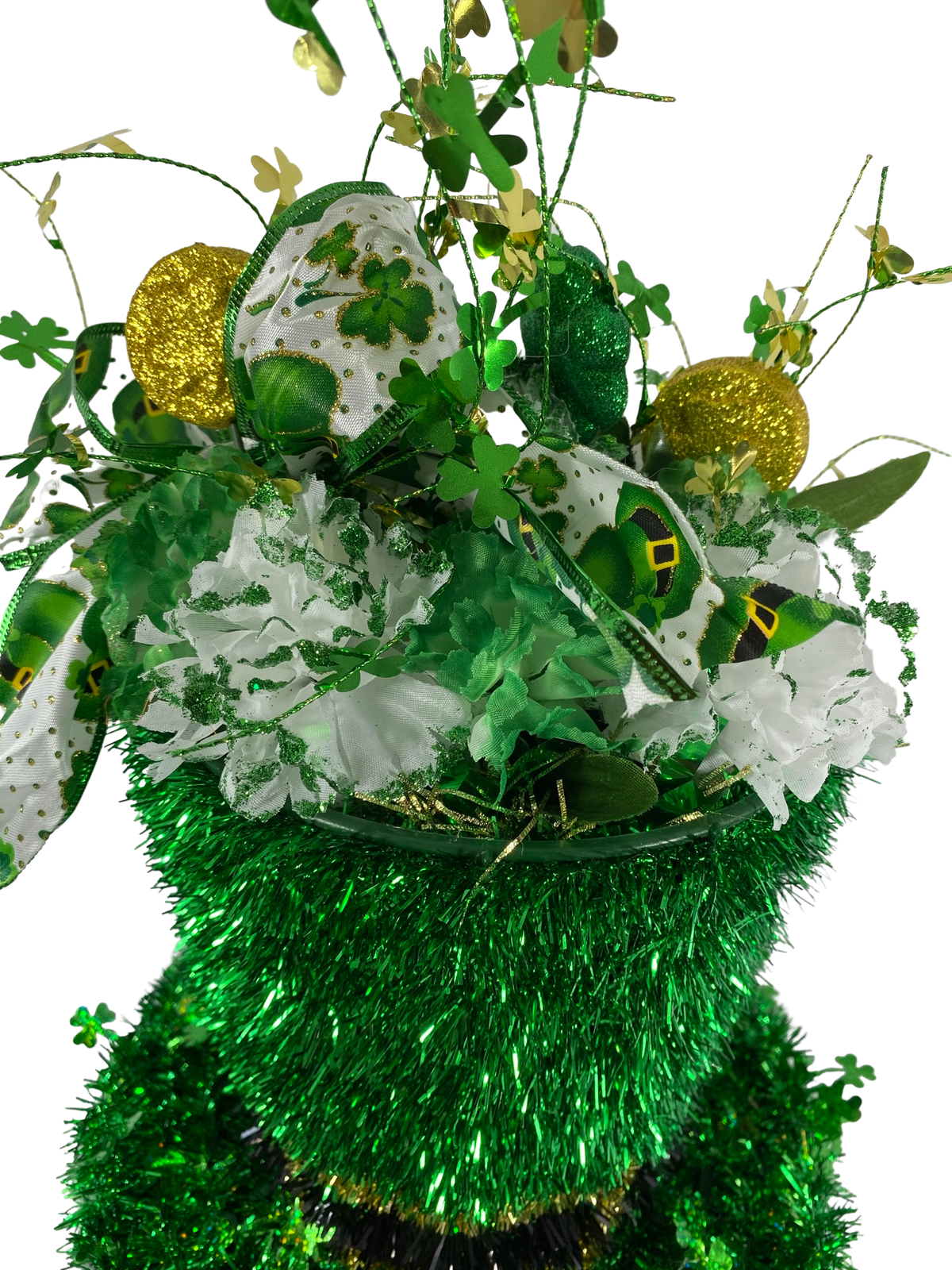 AGD St Patrick's Decor - Large Green Lighted Tinsel Tophat Centerpiece