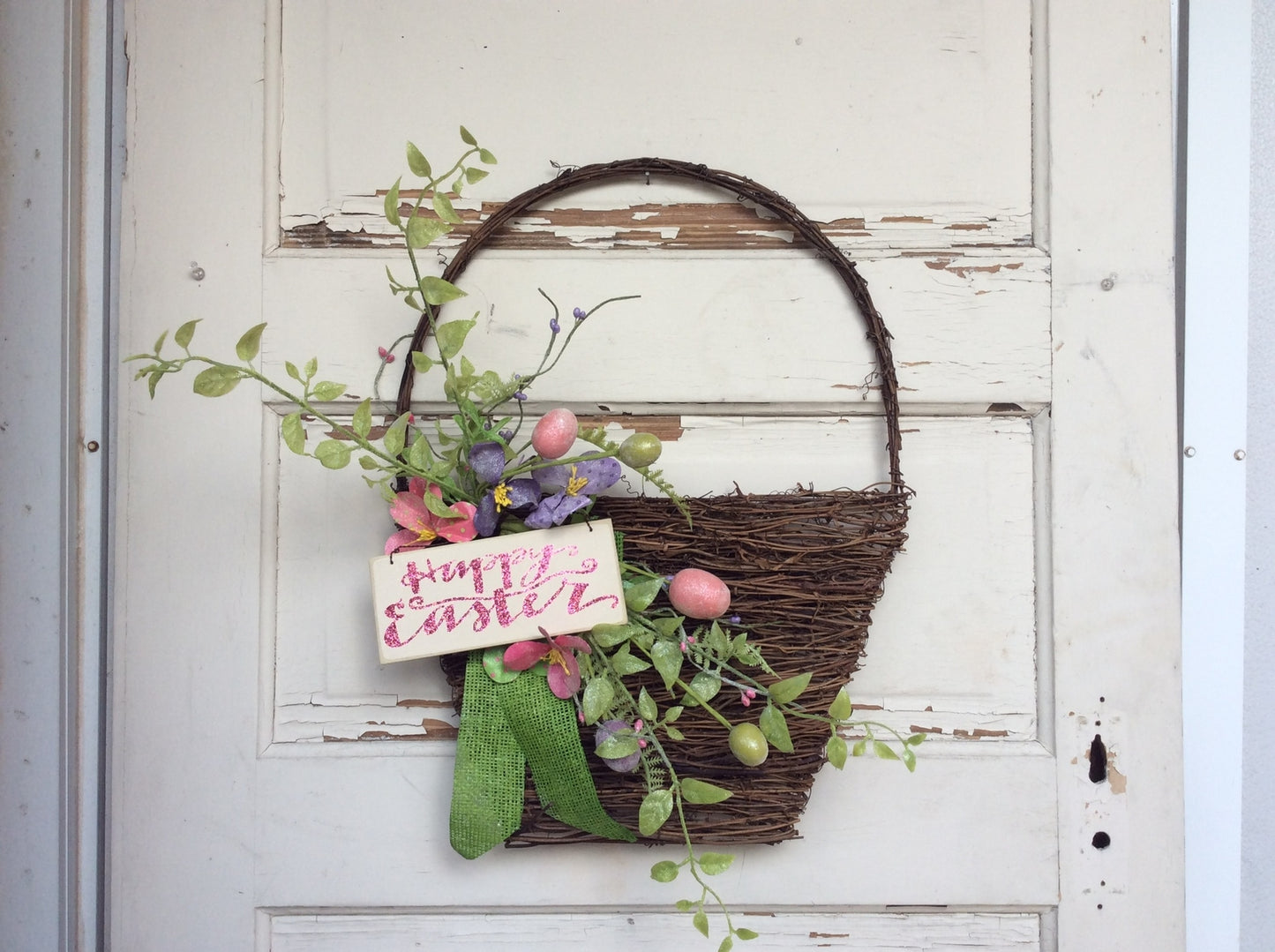 AGD Spring Easter Decor – Happy Easter Pink Glitter Grapevine Basket Wreath