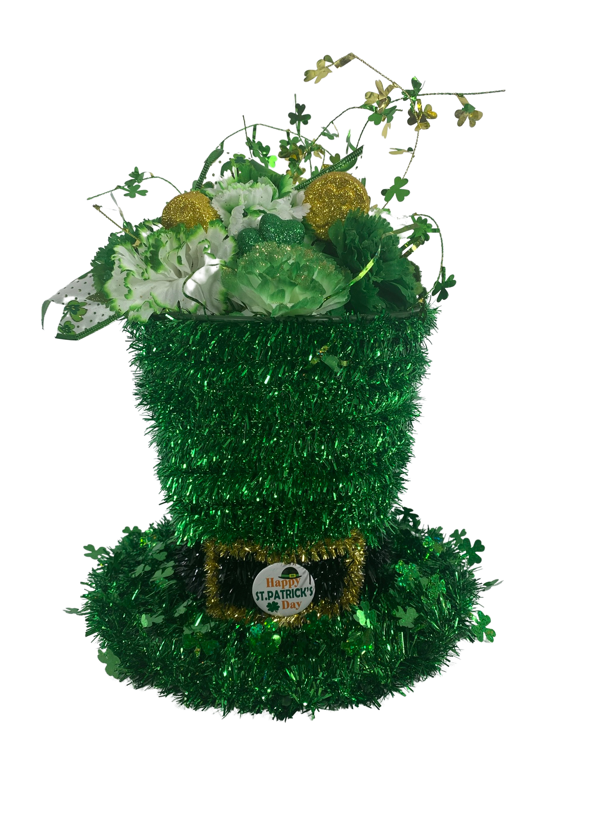 AGD St Patrick's Decor - Large Green Lighted Tinsel Tophat Centerpiece