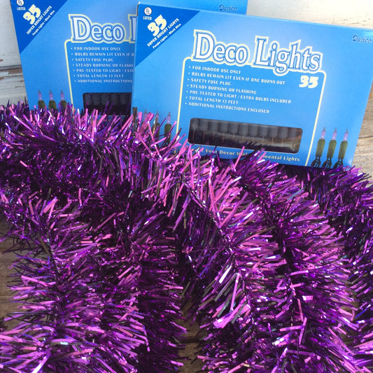 AGD Mardi Gra Decor - 25 ft Wired Purple Tinsel and  Purple Lights Bundle Kit