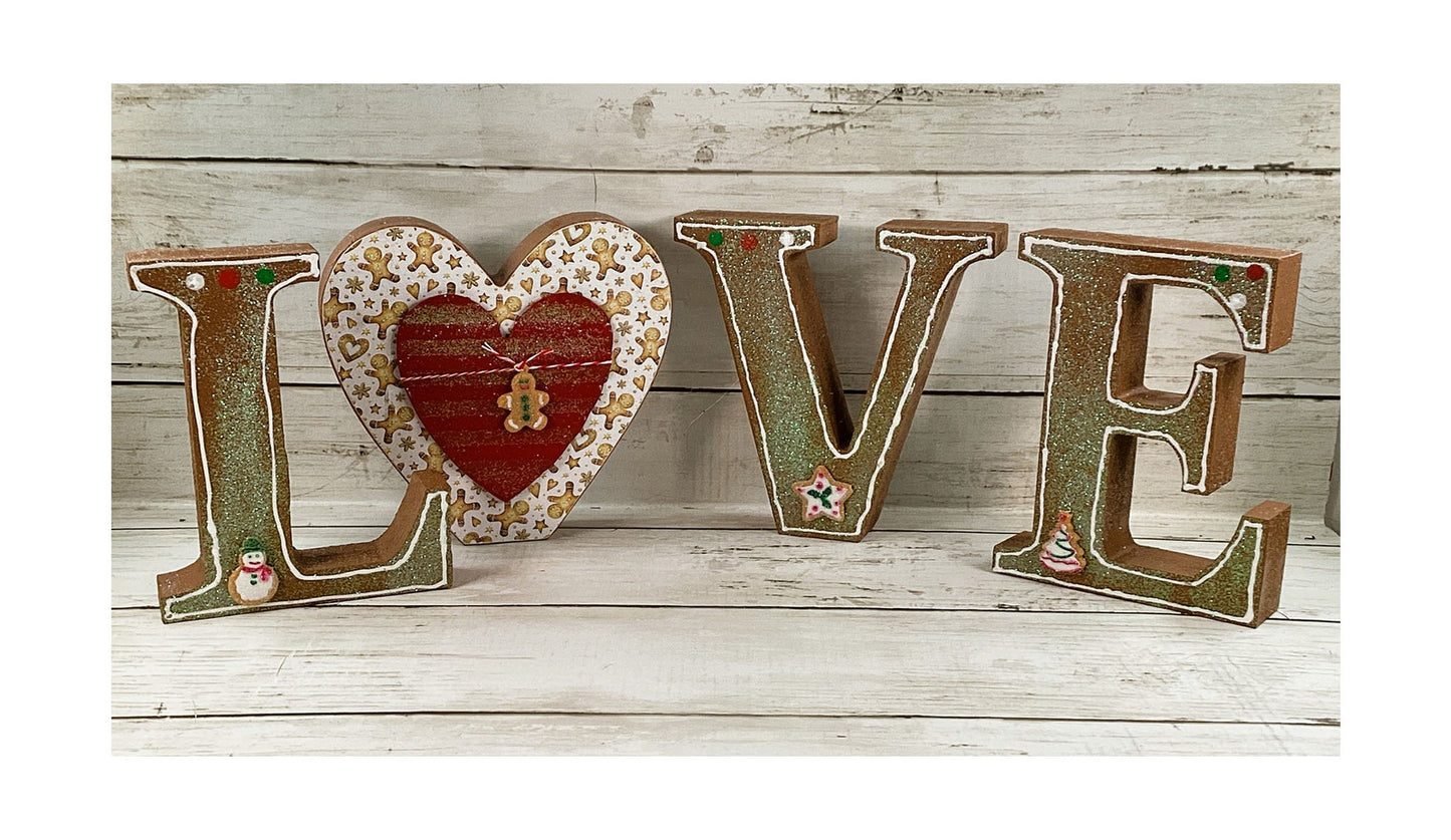 AGD Christmas Decor - Gingerbread Wood Heart Love Letters Word 3pc Set