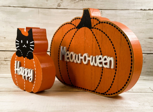 AGD Halloween Decor - Happy Meow O Ween Chunky Cat Pumpkin 2pc