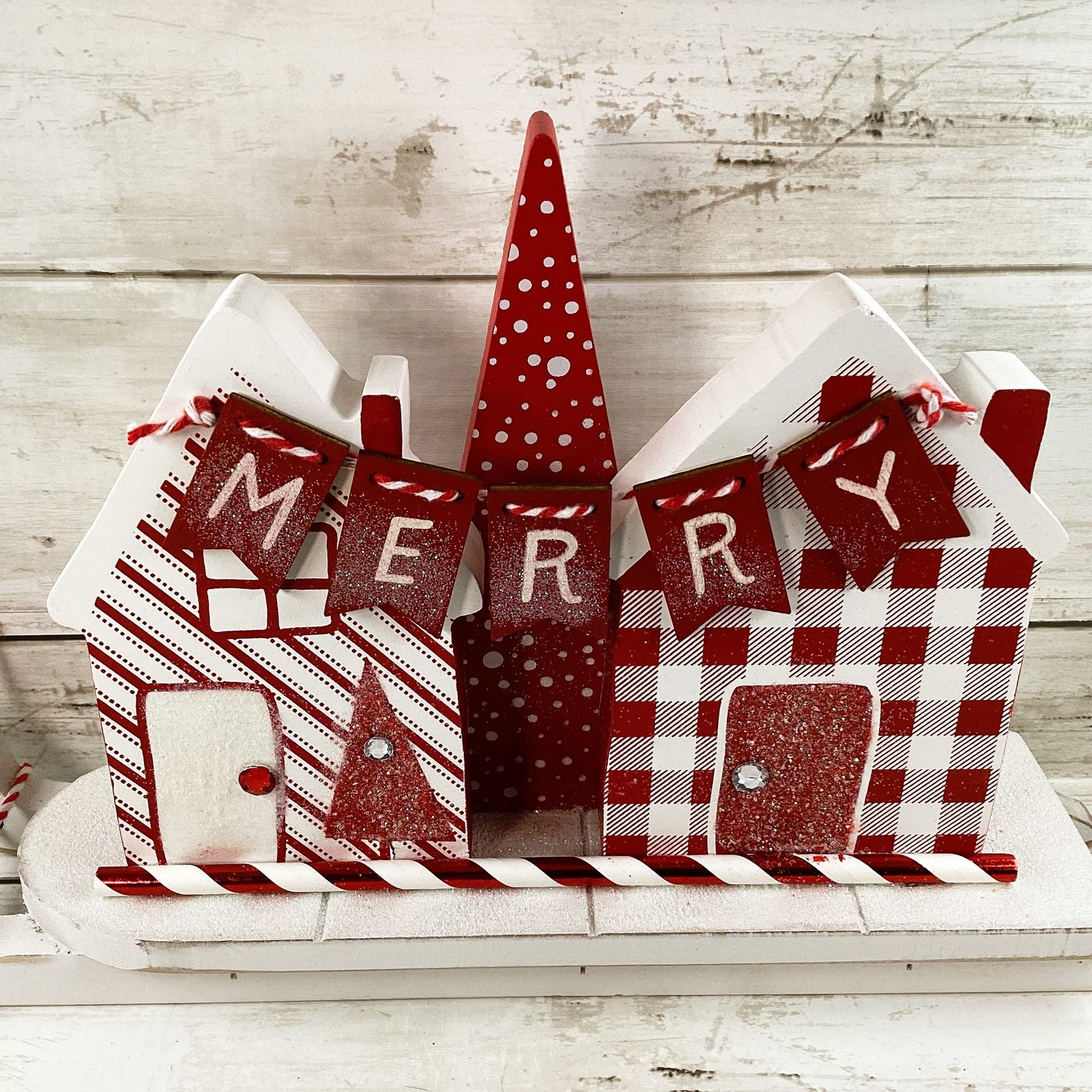 AGD Christmas Decor - Red White Peppermint House Tree Merry Sled