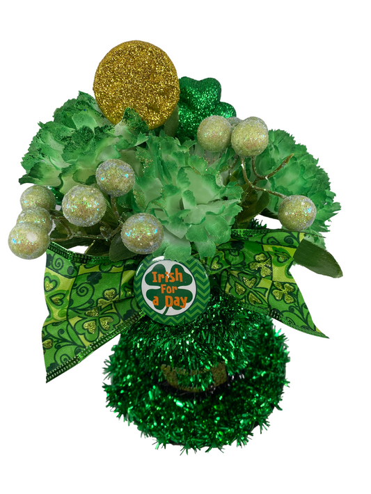 AGD St Patrick's Decor - Small Green Tinsel Tophat Centerpiece