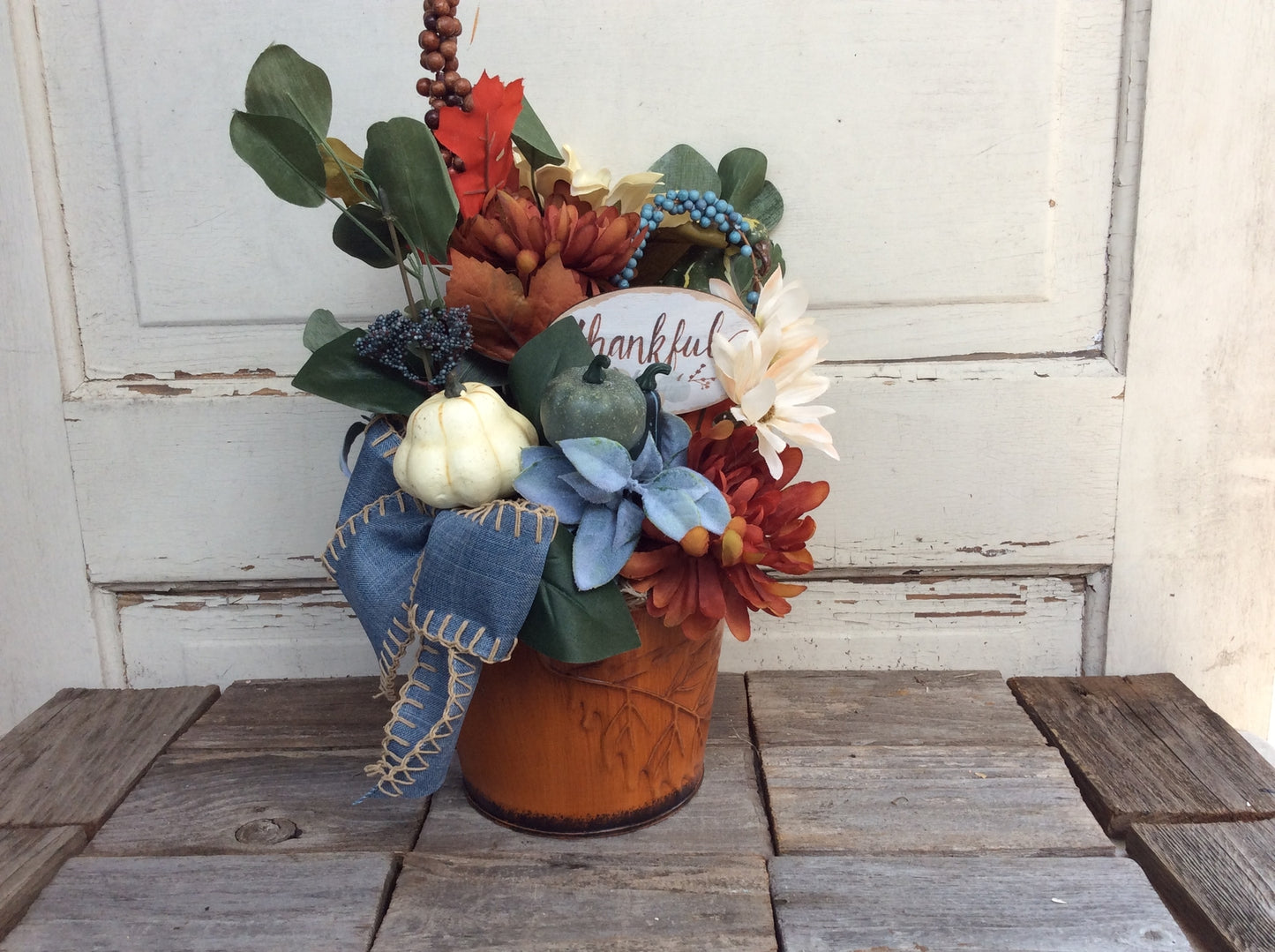 AGD Fall Decor - Thankful Floral Metal Planter Centerpiece