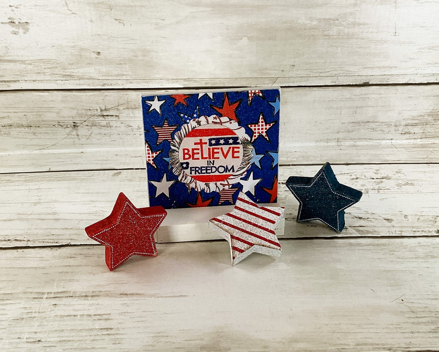 AGD Patriotic Decor - July 4th Believe Freedom Tier Tray Sign & Stars