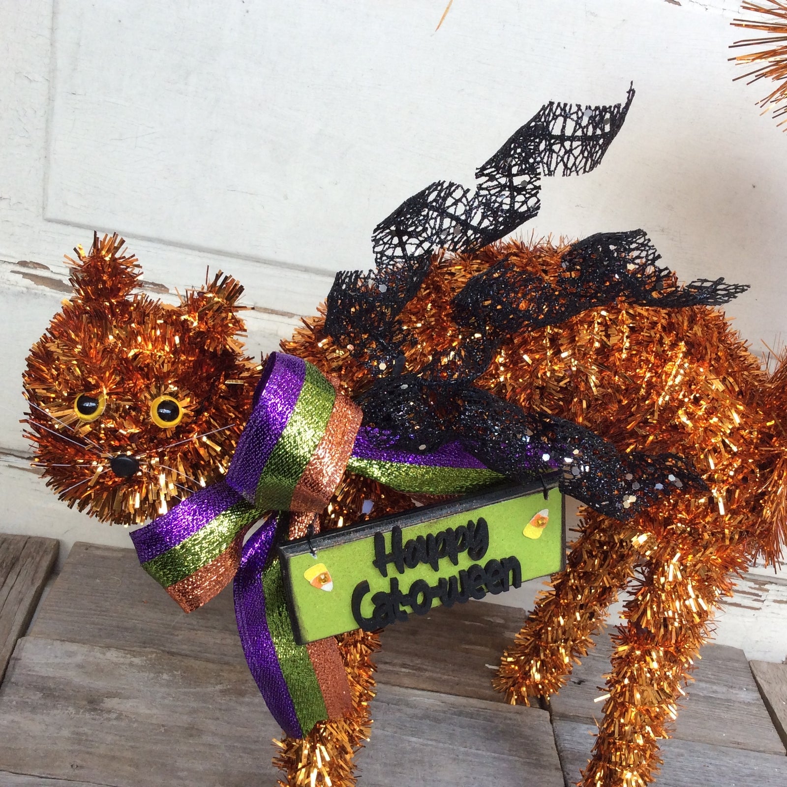 AGD Halloween Decor - HAPPY CAT-O-WEEN Tabletop Orange Tinsel Cat