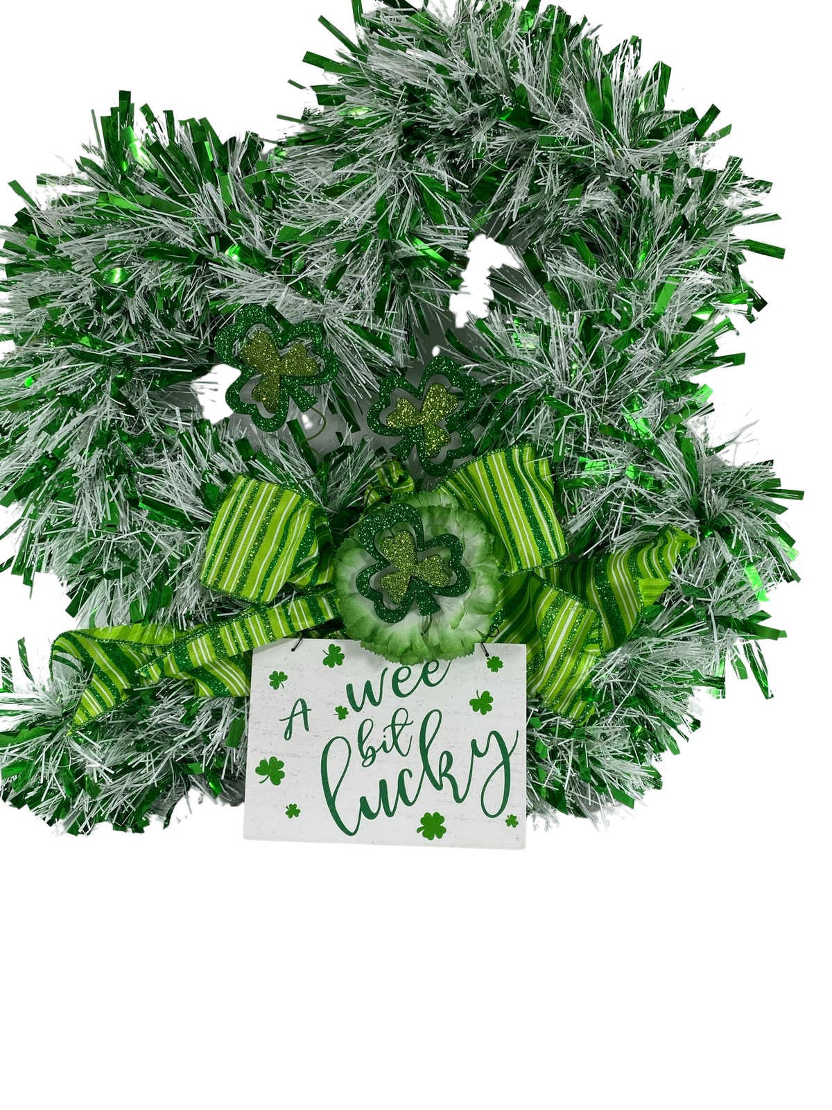 AGD St Patrick's Decor - Green White Tinsel Shamrock Wee Bit Lucky Wreath