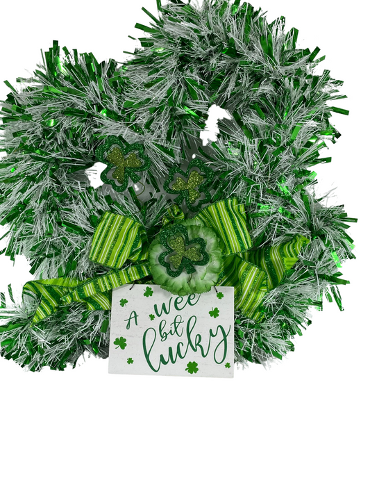 AGD St Patrick's Decor - Green White Tinsel Shamrock Wee Bit Lucky Wreath