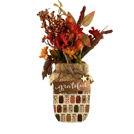 AGD Fall Decor - Autumn Grateful Thankful Floral Wood Mason Jar Display