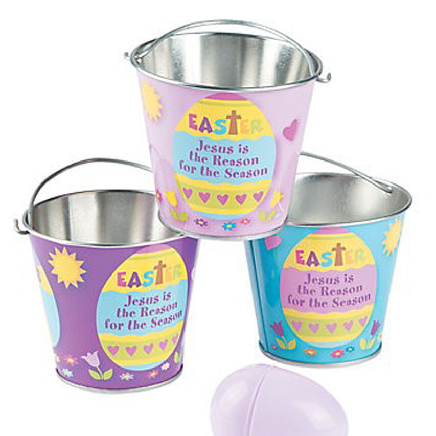 FE-OTC Easter Decor - Jesus Is Reason Pastel Tin Pail Buckets 12PC